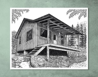 Cabin in the Woods, Architecture Illustration, Original Artwork, Pen & Ink Drawing, Art Print