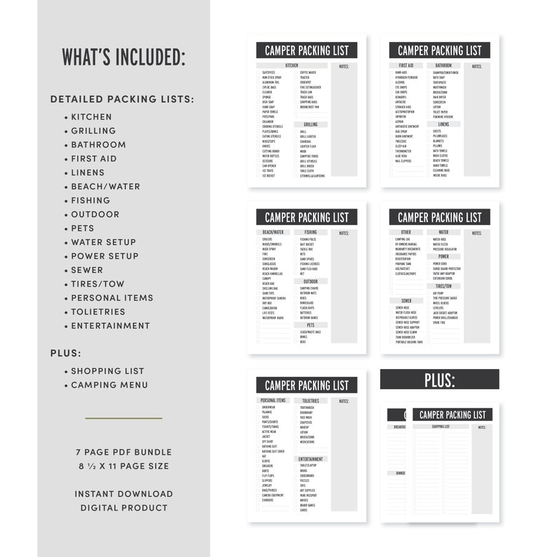 Letter Size RV Camper Packing List RV Camper Planner RV Camper Check