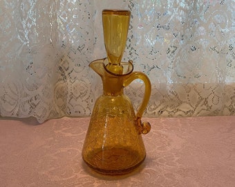 Vintage Crackled Glass Pitcher Decanter with Glass Stopper - Hand Blown - Amber Art Glass - Excellent Condition!