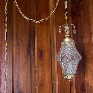 Vintage Hanging Swag Light Fixture / Hollywood Regency Crystal with Prisms / Pendant / Portable Plug in
