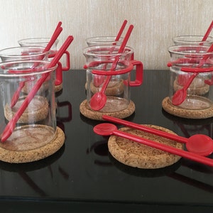 Red Handled Vintage Carsten Jorgenson Bodum Design Bistro Coffee Cups Spoons/Coasters/Sugar Bowl/Spoons