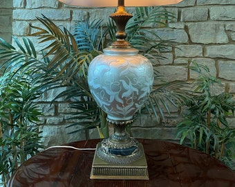 Fabulous Large Mid Century Hand Painted Glass / Brass and Marble Base / Statement Lamp / Elegant Hollywood Regency