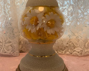 Vintage White Textured Glass Accent Lamp Encased Silk Daisies Inside the Lamp Body - Brass base and Gold Trimmed