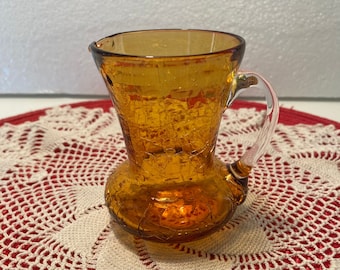 Vintage Amber Crackle Glass Miniature Pitcher / Hand Blown / Collectible Glass