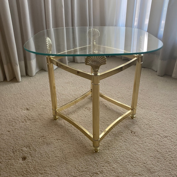 RESERVED For SUZANNE - Beautiful Polished Brass Tone Clamshell Glass Top Side Table Hollywood Regency