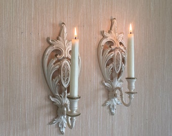 Vintage Pair Syroco 1962 Candle Holder Sconces - White with Gold Paint Embellishment Hollywood Regency Styling
