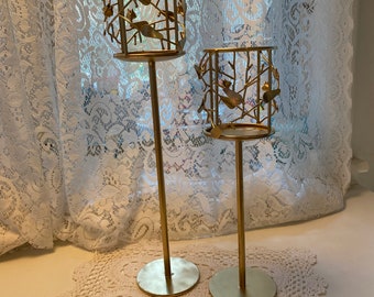 Gold Tone Tall Pillar Candle Holders - Perfect for the Fireplace Mantle or Table Centerpiece