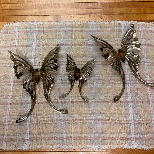 Vintage Brass Butterfly Wall Decor - Brass Wings with Wooden Body Detailing - Home Interiors - 1970s / 80's - Set of 3