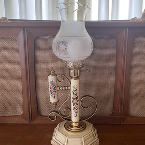 Vintage Electric Oil Lamp Style Accent Lamp With Metal Scrolling and Rose Motifs