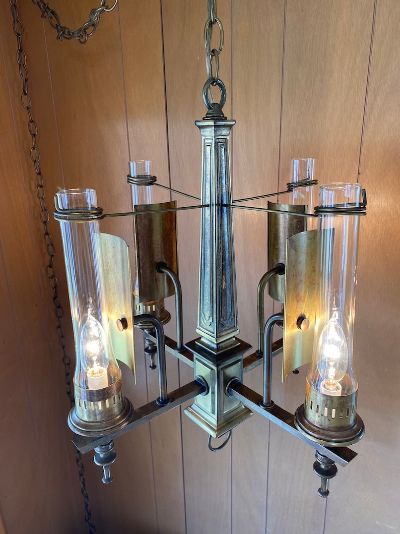 Beautiful Vintage Brass Hurricane Swag Chandelier Hubbarton Forge image 1