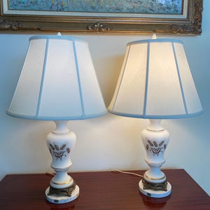 Vintage Pair French White Satin Glass with Gold Wheat Design Brass and Italian Marble Base Hollywood Regency Lamps . Possibly Bristol