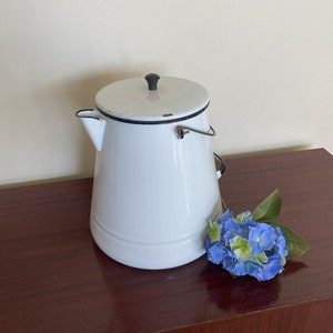 Very Large Vintage Farmhouse / Cowboy Coffee / Tea / Water Kettle - White with Black Enamelware