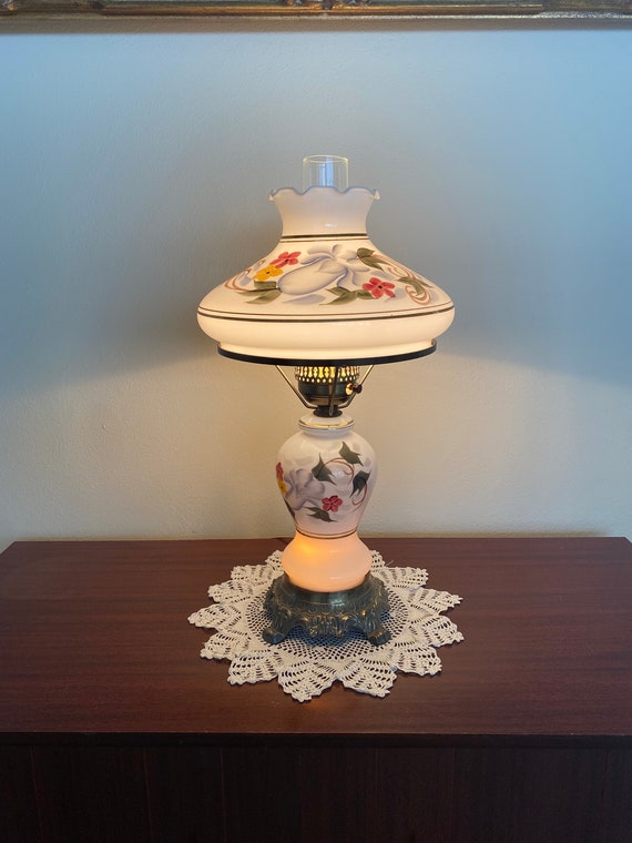 Vintage Hand-Painted Hurricane Lamp: Tam O'Shanter Shade, Opal Glass