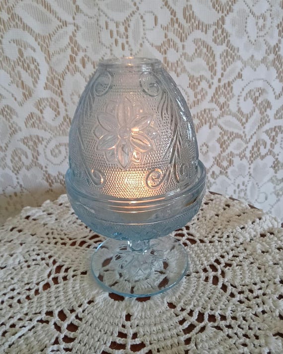 Vintage Indiana Glass Fairy Lamp – Chantilly Embossed Floral Ice Blue