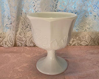 Vintage Indiana Glass Milk Glass Compote: Harvest Pattern Grape Leaf Candy Dish / Planter
