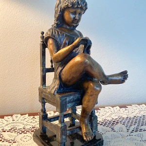Vintage Maitland Smith Bronze Statue - Girl Sitting in Chair - 12” Tall