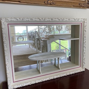 Vintage White Ornate Hollywood Regency Mirrored Curio Wall Shelf Open Shadow Box- Turner Wall Accessories  - Large