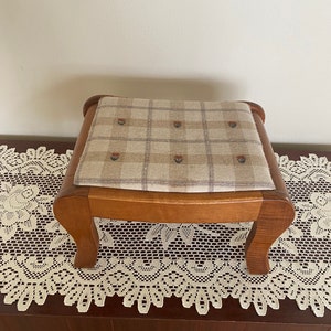 Vintage Petite Wood Foot Rest. Curved Legs and Upholstered Top Cushion