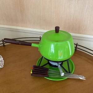 Vintage 1970’s Lime Green Aluminum Enameled Fondue Pot Set
