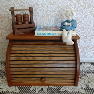 Vintage Roll Top Breadbox - Dark Stained Pine With Top Display Shelf