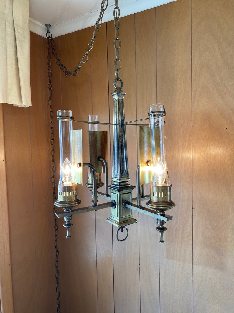 Beautiful Vintage Brass Hurricane Swag Chandelier Hubbarton Forge image 5