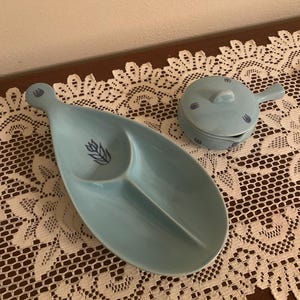 Vintage 1950s Cronin Blue Tulip Pottery - Divided Dish and Small Lidded Soup Bowl