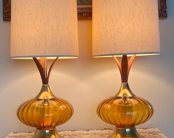 Vintage Mid Century Amber Glass Globe Table Lamps with Walnut and Brass - In The Style of Modeline with Lighted Bases