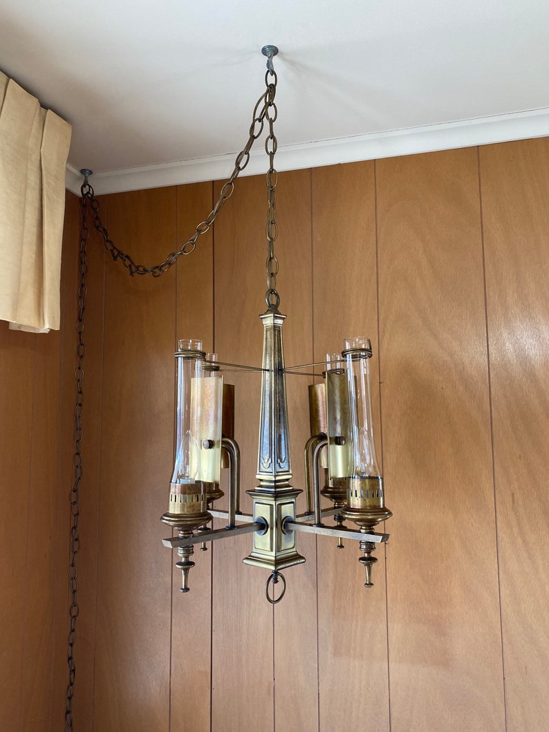 Beautiful Vintage Brass Hurricane Swag Chandelier Hubbarton Forge image 4