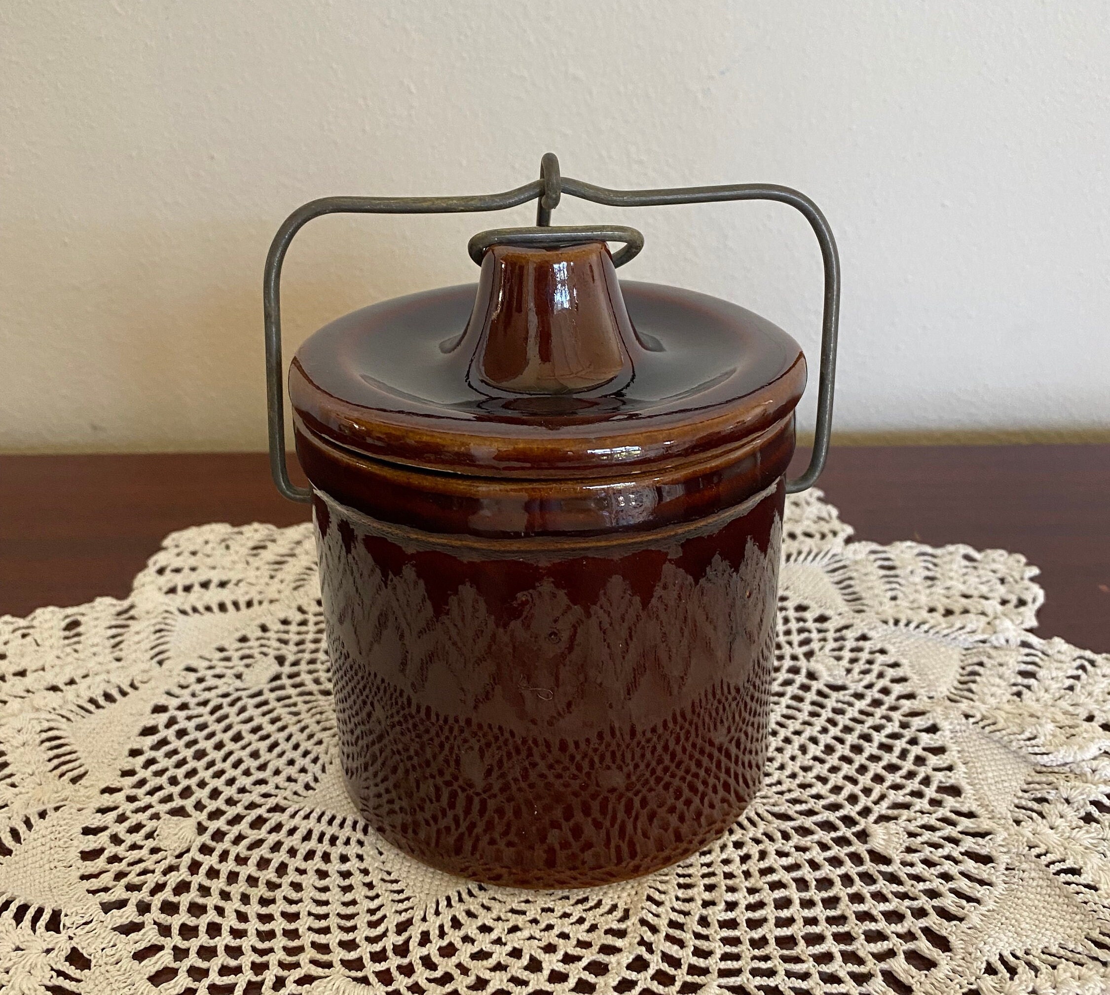 Vintage Stoneware Brown Glazed Country Crock With Bale Wire Etsy