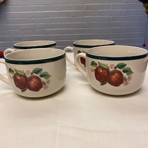 Vintage Casuals by China Pearl Apple Motif Large Ceramic Soup Cup Bowls - 2 Cup Capacity - Set of 4
