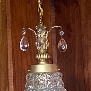 Vintage Hanging Swag Light Fixture / Hollywood Regency Crystal with Prisms / Pendant / Portable Plug in