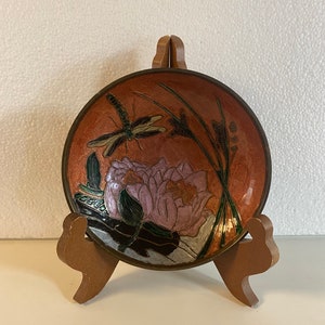 Vintage Enesco Enameled Brass Bowl - Lotus Flower and Dragonfly
