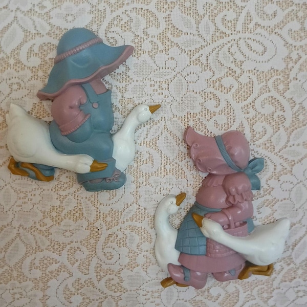 Vintage Pair 1988 Burwood Products Country Boy and Girl with Geese Wall Plaques