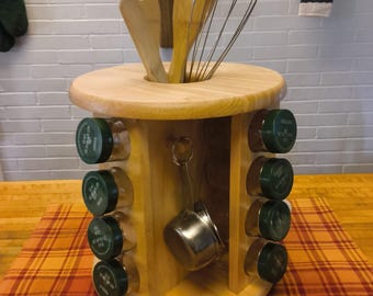 Vintage Wooden Spice Rack Lazy Susan with 13 Spice Jars and Utensil Storage Space