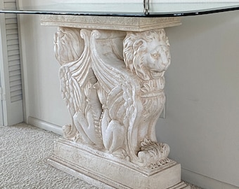 Gorgeous Beveled Glass Top Console Table - Double Winged Lion “Stone” Base - Neoclassical Elegance!