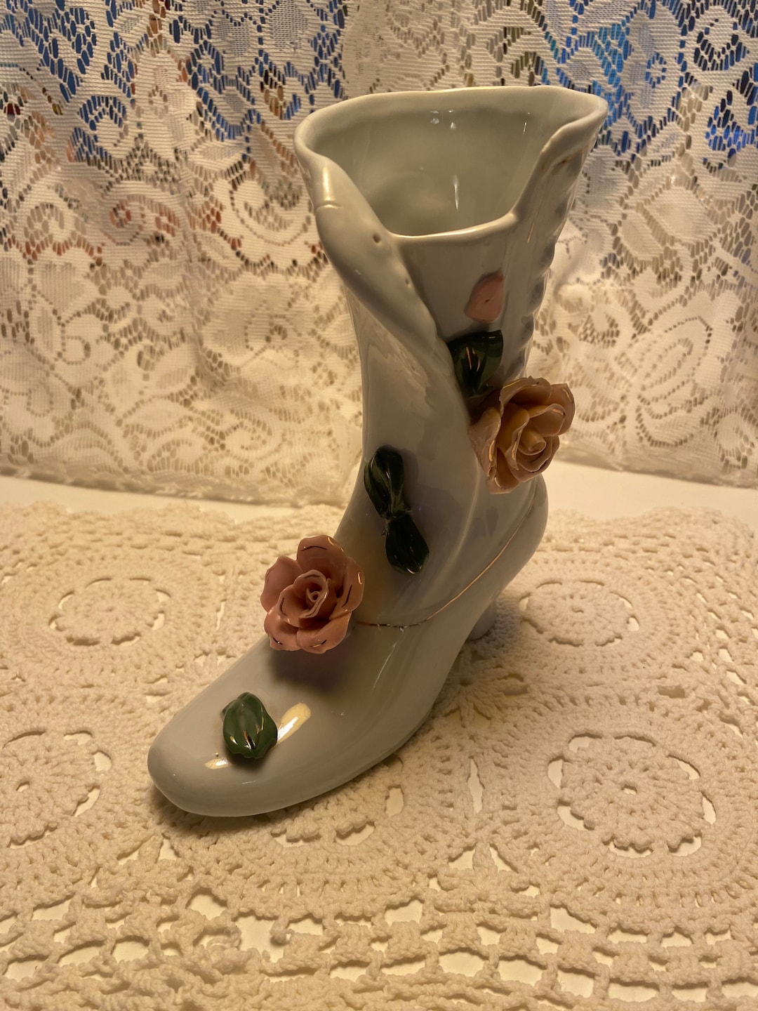 Vintage Ceramic Lady’s Boot Vase With Gold Trim and Porcelain Flowers ...