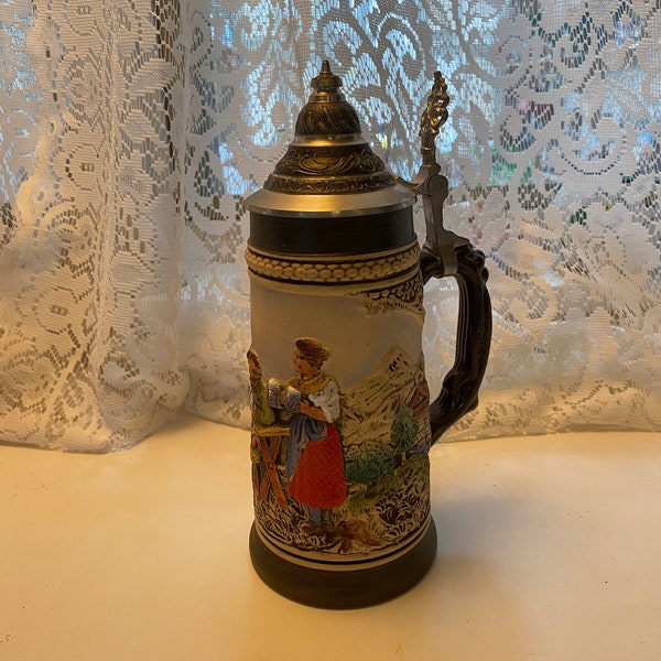 Vintage Handarbeit Ceramic Pottery Stoneware German Beer Stein with Hinged Zinn Pewter Lid - Made in Western Germany