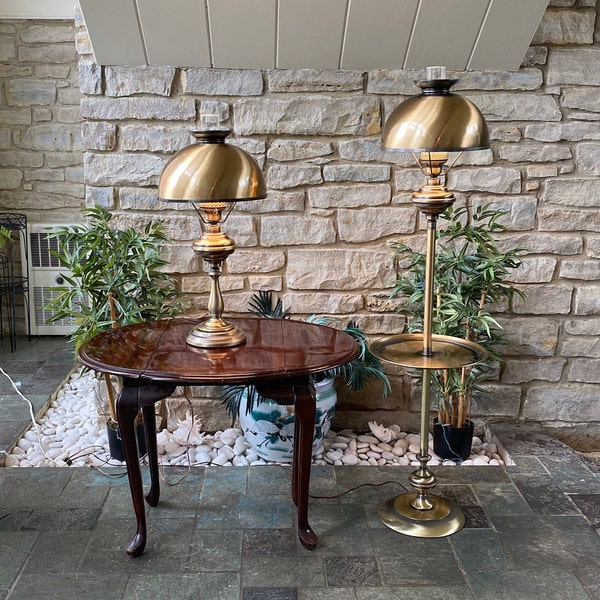 RESERVED for AISHA - Beautiful Vintage Hurricane Antique Brass Finish Metal Tole Style Floor Lamp Matching Table Lamp Excellent Condition