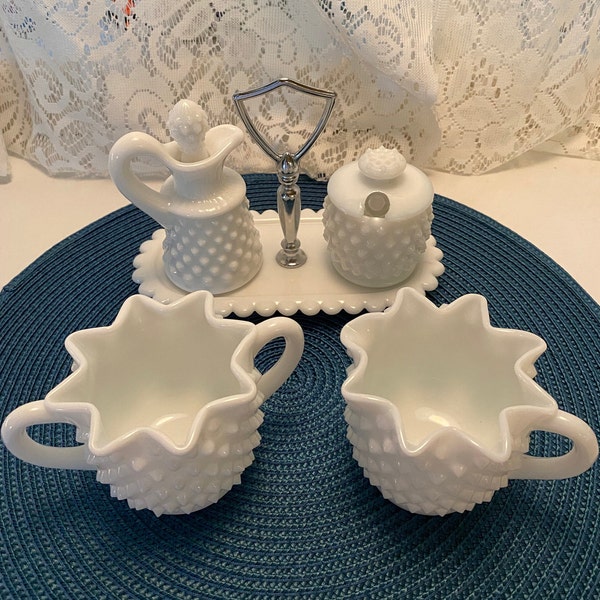 Vintage Fenton Hobnail Milkglass / Sugar and Creamer / Caddy Holder / Cruet and Condiment Jar