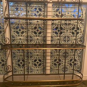 Antique Early 20th Century French Baker’s Rack - Brass and Wrought Iron Construction Huge 3 Tier Shelving - Ornate Scroll Work