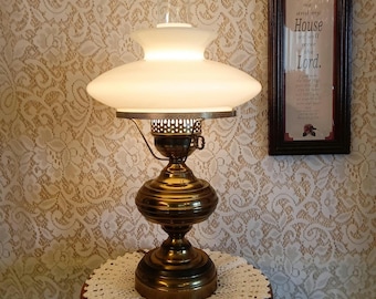 Vintage Hurricane Accent Lamp – Milk Glass Shade, Antique Brass Tone Body 18.5" Tall
