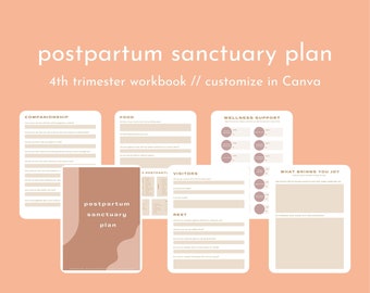 May include: A printable postpartum sanctuary plan workbook with a peach background. The workbook includes sections for companionship, food, wellness support, visitors, rest, and what brings you joy. The text "postpartum sanctuary plan" is in a brown rectangle with a wavy edge.