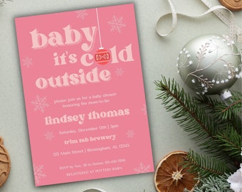 Winter Baby Shower Invite template / editable Baby It’s Cold Outside invitation / retro pink baby shower printable
