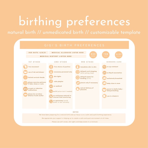 visueller Geburtsplan / Geburtspräferenzen / natürliche Geburt / Geburt ohne Medikamente / Hypnobirthing / personalisierter Geburtsplan / Doula / PEACH color