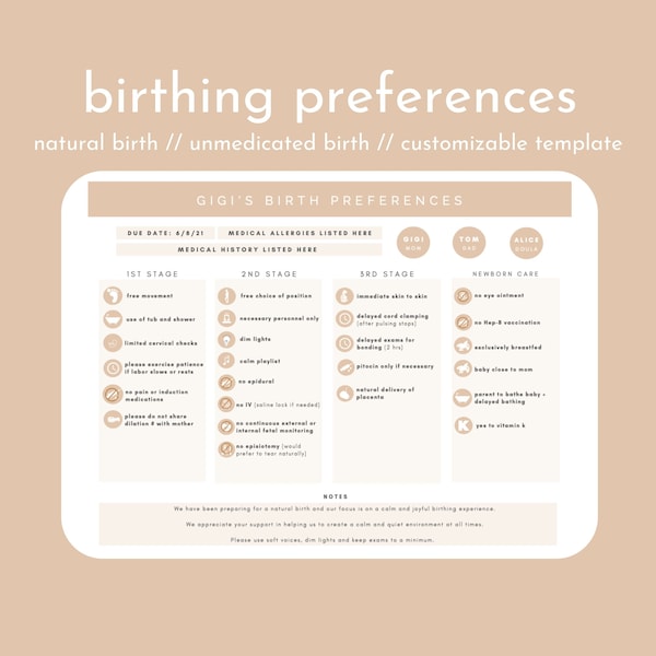 visueller Geburtsplan / Geburtspräferenzen / natürliche Geburt / Geburt ohne Medikamente / Hypnobirthing / personalisierter Geburtsplan / Doula / BEIGE