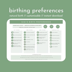 visual birth plan / birth preferences / natural birth / unmedicated birth / hypnobirthing / personalized birth plan / doula / GREEN color
