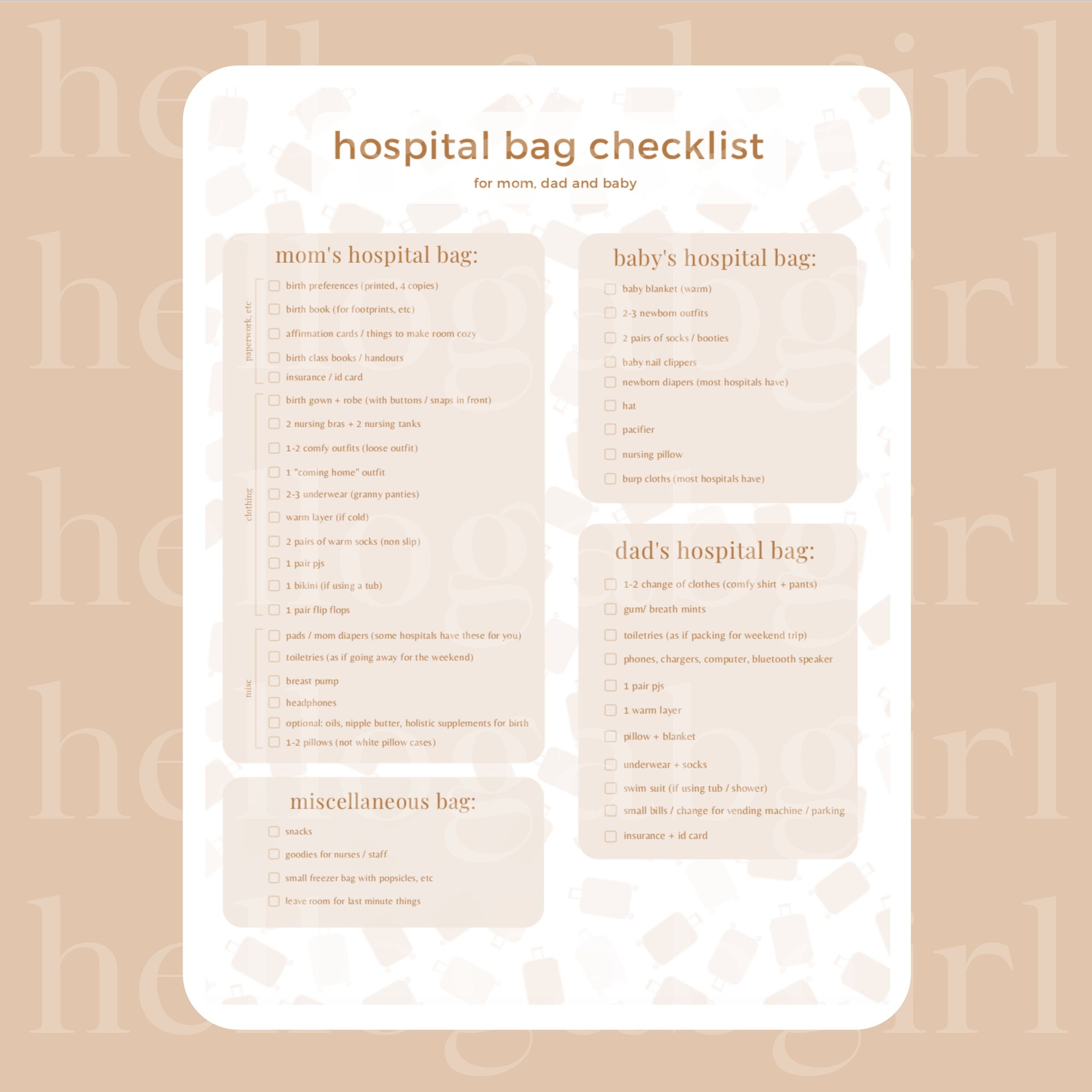 Personalized Hospital Bag Checklist / Birth Bag / Maternity Printable ...