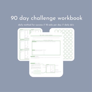 Puede incluir: Un cuaderno de trabajo para un desafío de 90 días con un método diario para el éxito. El cuaderno incluye 10 preguntas por día y tareas diarias. La imagen muestra un diseño verde y blanco con una sección para objetivos diarios y una sección para los próximos 90 días.