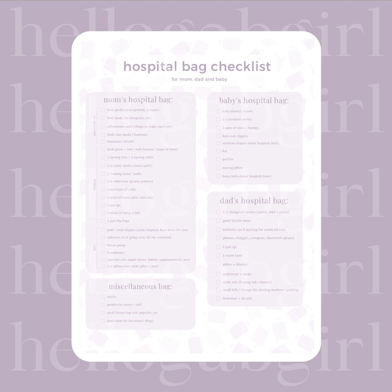 Personalized Hospital Bag Checklist / Birth Bag / Maternity Printable ...