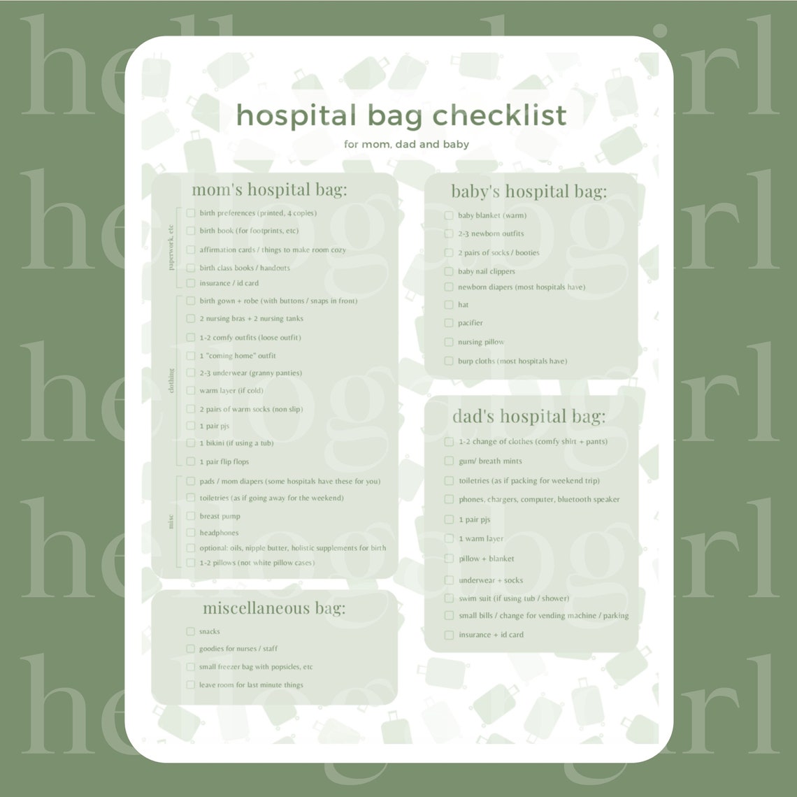 Personalized Hospital Bag Checklist / Birth Bag / Maternity Printable ...